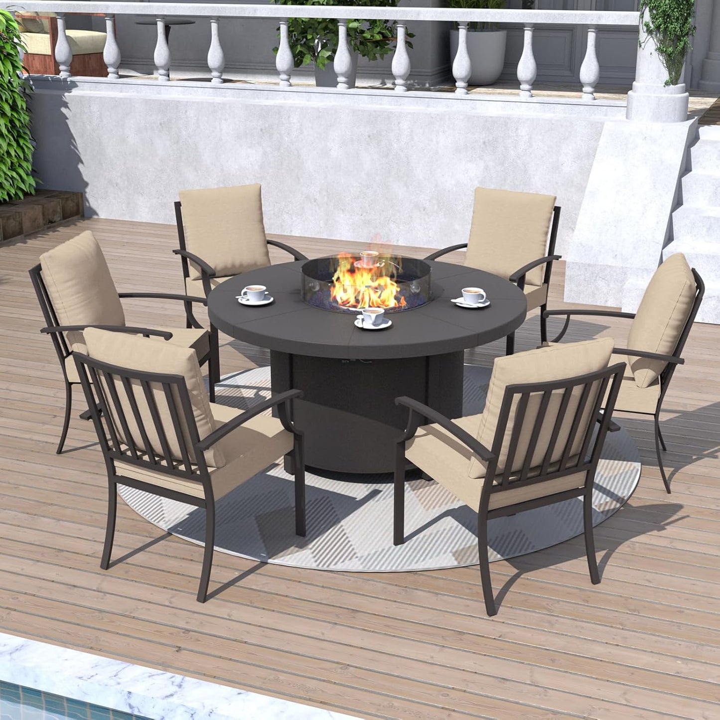 Kurapika 7 Piece Metal Outdoor Patio Furniture Set with 48" Round Fire Pit Table, Patio Conversation Sets 6 Fixed Chairs with Thick Cushion and 40000 BTU Propane Fire Pit Table, Sand