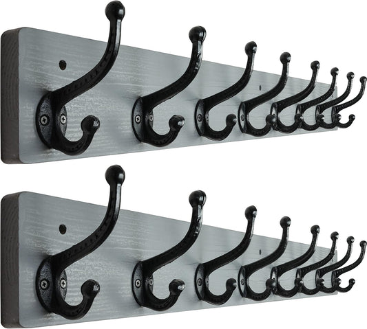 WEBI Rustic Coat Rack Wall Mount,35.43" Long 8 Cast Iron Coat Hooks Wall Mounted,Heavy Duty Wall Coat Hanger Hooks for Hanging Coats,Clothes,Grey,2 Packs