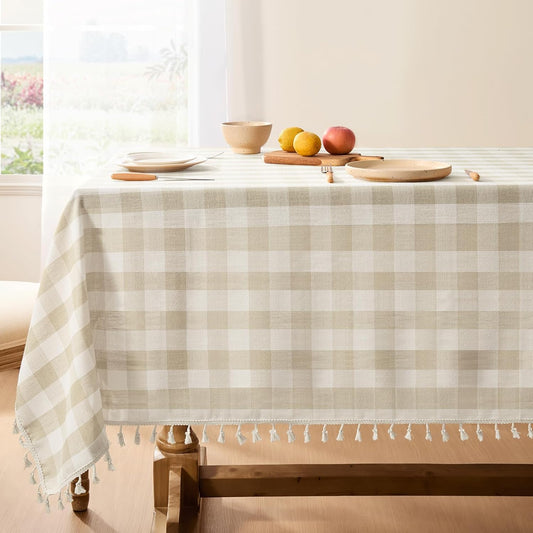Softalker Checkered Tablecloth Rectangle, Heavy Weight Linen Gingham Outdoor Table Cloth with Tassel, Wrinkle Free Buffalo Plaid Table Cover for Dining/Party/Home - 55 x 70 Inch, Beige