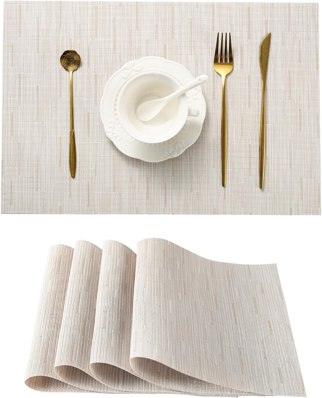 Leetaltree Pale Beige Placemats Set of 4 - Heat Resistant Non-Slip Place mats for Dining Table, Washable Durable PVC Vinyl Woven Table Mats（Pale Beige, 4）