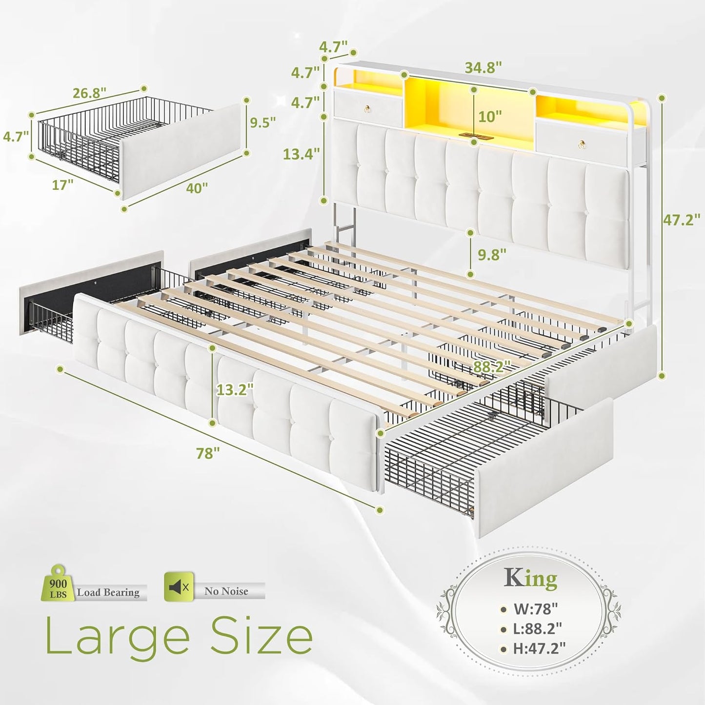EnHomee King Size Bed Frame with Upholstered Headboard and 6 Storage Drawers,King Bed Frame with LED Lights and Charging Station,no Box Spring Needed,No Noise, Easy Assembly,Velvet,Sturdy,Soft,Beige