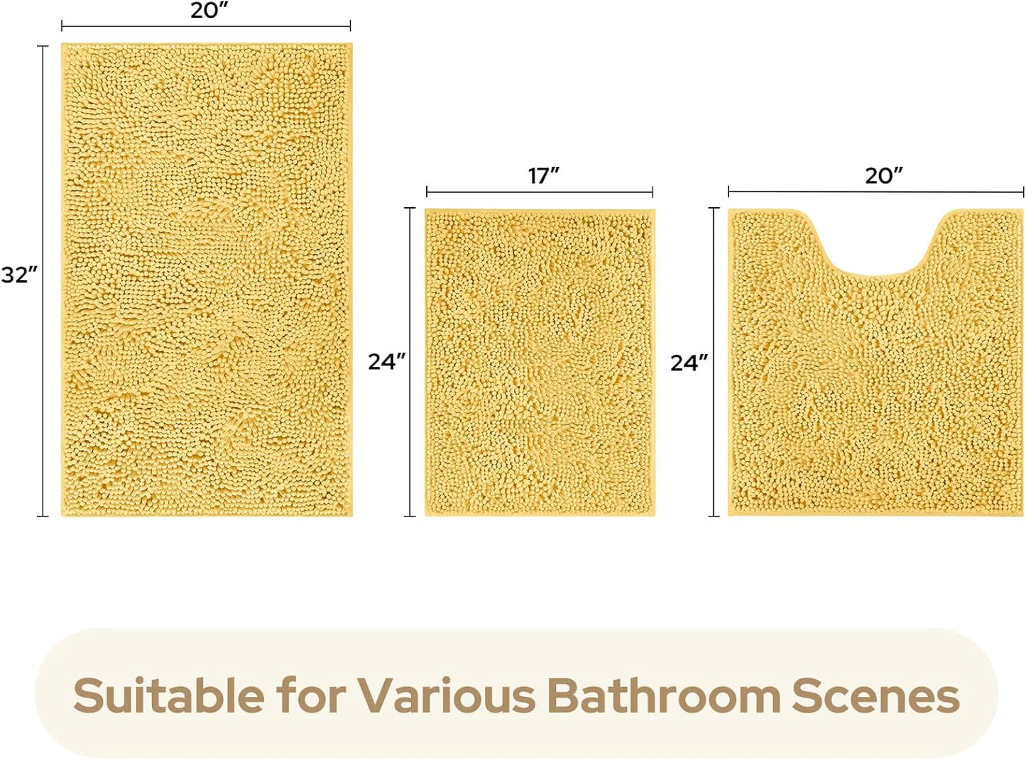 HOMEIDEAS 3 Pieces Bathroom Rugs, Ultra Soft Non Slip Absorbent Chenille Toilet Bath Mat Set (Yellow,17"x24"+20"x32"+U Shape 20"x24")