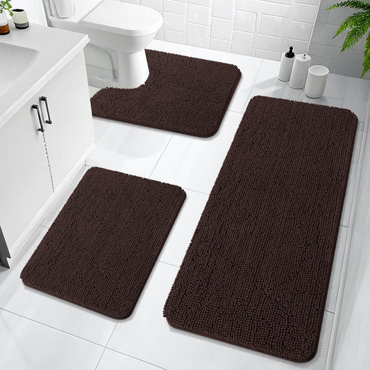 OLANLY Bathroom Rugs Sets 3 Piece, Soft Absorbent Chenille Bath Mats and U-Shaped Contour Toilet Rug, Quick Dry, Home Decor Accessories, Bath Mat Set for Bathroom (47"x20"+24"x16"+24"x20", Brown)