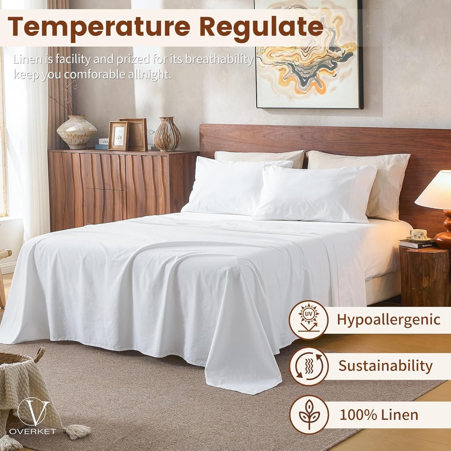 100% Linen Sheets California King Size,Breathable & Durable 4-Piece Bed Flax Sheet Set,Soft All-Season Bedding for Hot Sleepers 16" Deep Pocket Oeko-TEX Certified,（Cal King, White）