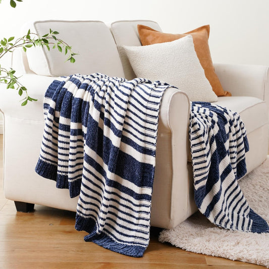BATTILO HOME Navy and White Throw Blanket for Couch, Navy Throw Blankets, Super Soft Cozy Chenille Knit Throw Blanket for Chair, Sofa, Bed, 51"x67"