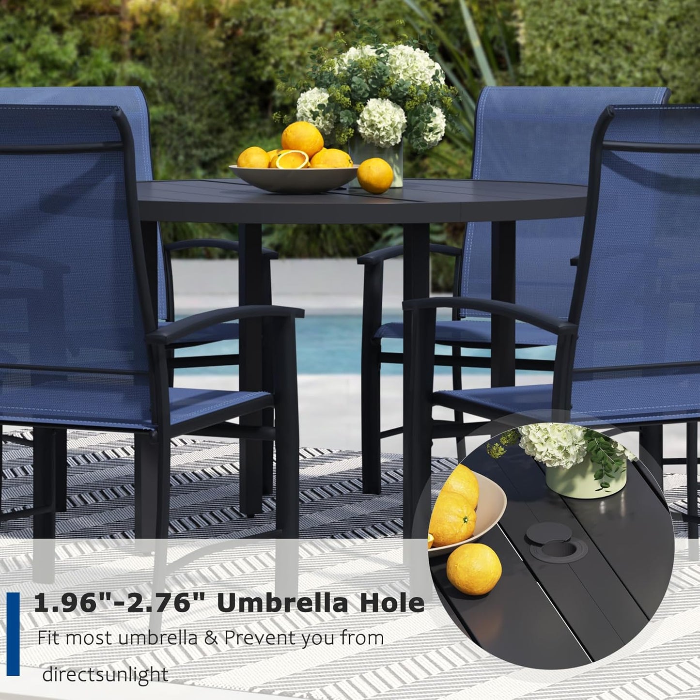 7 Piece Outdoor Dining Set, Patio Table and Chairs Set of 6, 47" Black Round Patio Table with 6 Blue Outdoor Patio Chairs for Lawn, Garden, Porch
