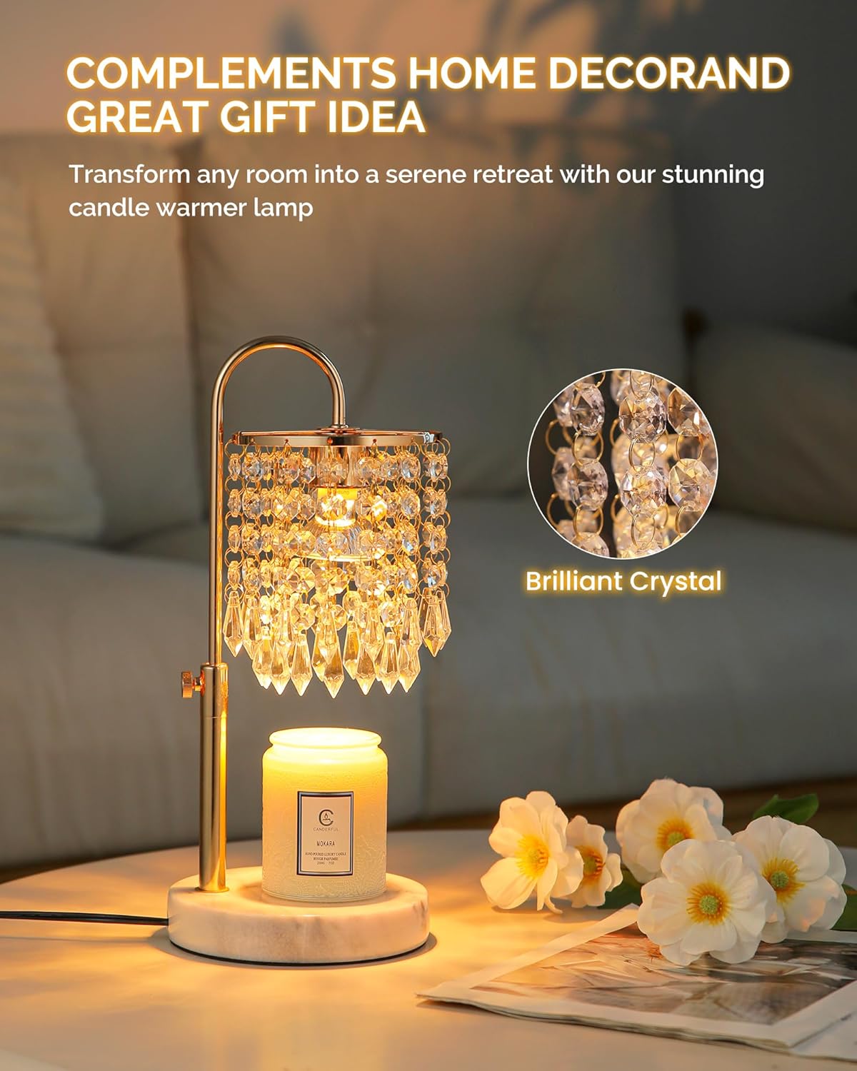 Candle Warmer Lamp with Timer Dimmer and 3 Bulbs, Lamp Candle Warmer with Marble Base for Adjustable Height, Crystal Candle Warmer Lamp for Jar Candles, House Warming Decor Gifts, French Gold