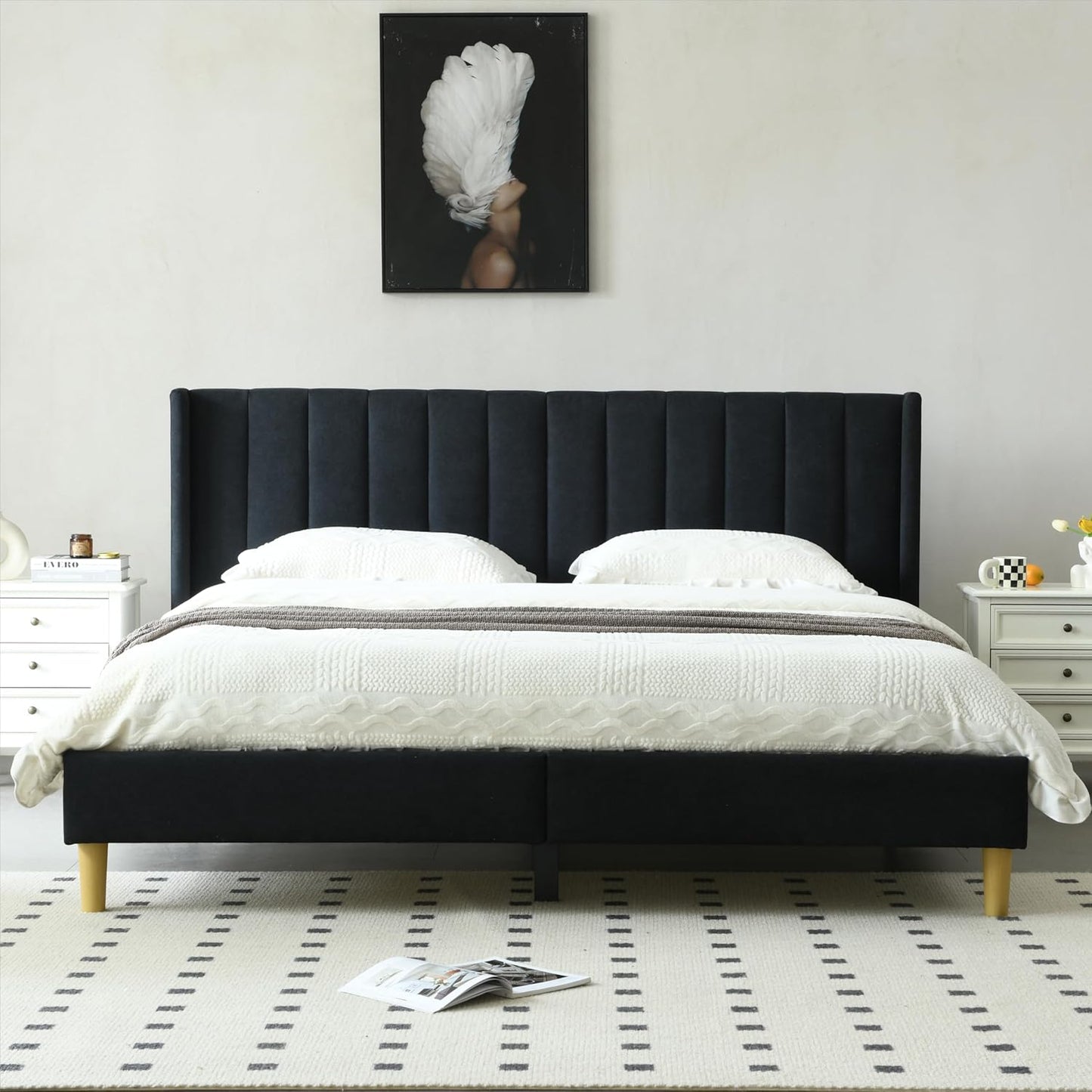 YUHUASHI upholstered Platform Bed Frame/King Bed Frame/Modern Geometric Double-Wing Design headboard/Linen Fabric/Easy to Assemble no Noise (Black, King (U.S. Standard))