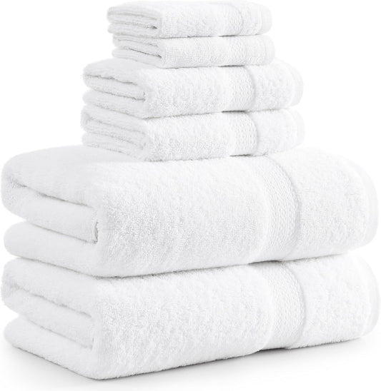 LANE LINEN 100% Cotton Luxury Bathroom Towel Set - 6 Pieces - Super Soft, Fluffy & Highly Absorbent - 2 Large Bath Towels, 2 Washcloths, 2 Hand Towels - Complete Family Pack - White Bath Towel Set