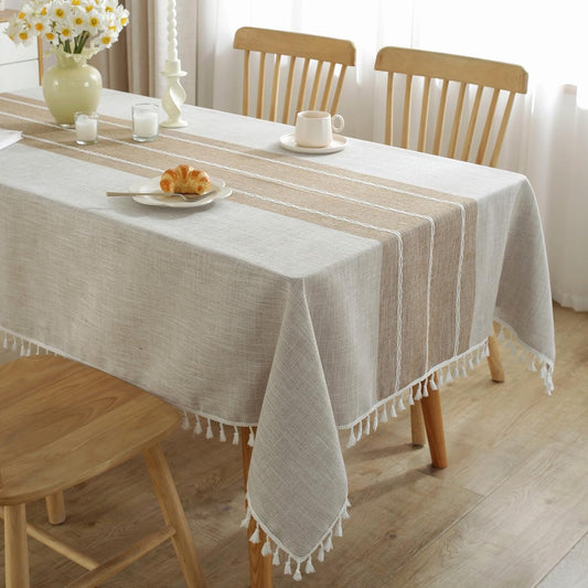 JIALE Tablecloths for Rectangle Tables,Cotton Linen Table Cloth Waterproof Tablecloth Wrinkle Free Farmhouse Dining Tables Cover,Soft Fabric Table Cloths with Tassels, Brown, 55" X 55", 2-4 Seats