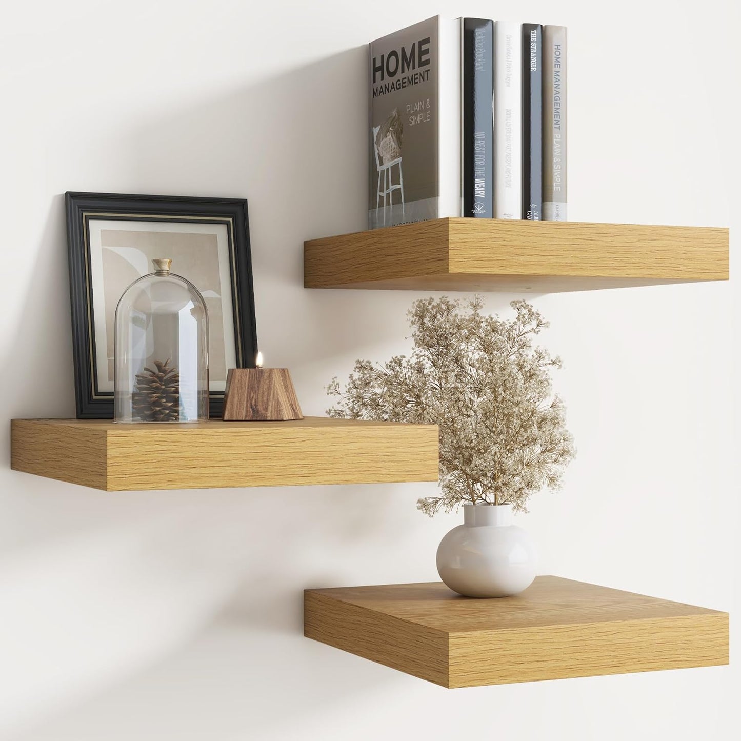 Floating Shelves for Wall with Invisible Brackets, Wall Mounted Engineered Wood Shelves with Wood Grain for Living Room, Bedroom, Bathroom, Kitchen Decor and Storage, Oak, 12"L Set of 3, Oak