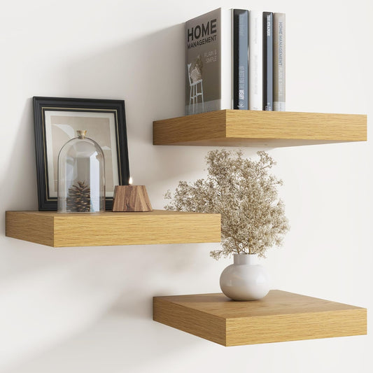 Floating Shelves for Wall with Invisible Brackets, Wall Mounted Engineered Wood Shelves with Wood Grain for Living Room, Bedroom, Bathroom, Kitchen Decor and Storage, Oak, 8"L Set of 3, Oak