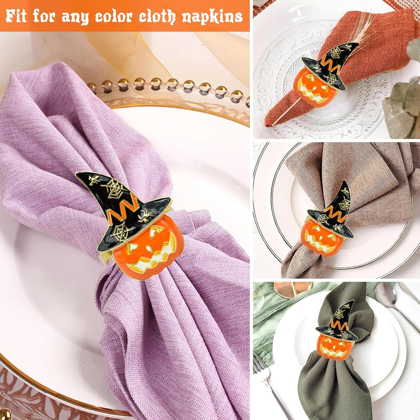 Legigo Set of 12 Halloween Napkin Rings for Dinning Table Settings- Horror Scary Orange Pumpkin Black Witch Hat Napkin Holder Ring for Holiday Party Kitchen Dinner Table Decarations