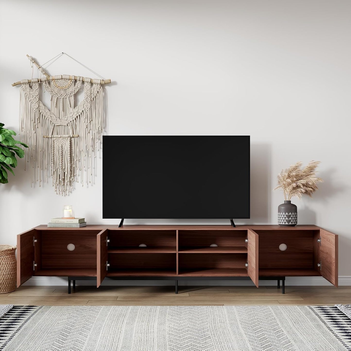 Mid Century Modern TV Stand - 86.6" Walnut Entertainment & Media Console for 65-100 Inches TV, 4 Cabinet Doors with 6 Storage Compartments, Cable Management, Stylish Living Room Center (Walnut, 86.6")