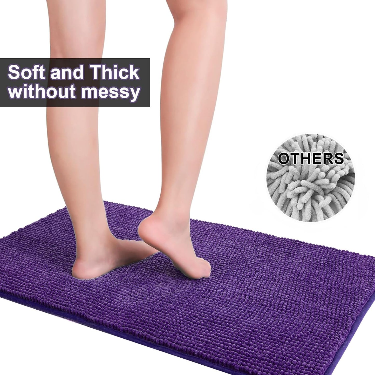 Urvoix Bathroom Rugs Sets 3 Piece, Non-Slip Chenille Bath Rug - Ultra Soft, Washable, Super Absorbent Bath Mat for Bathroom, Toilet and Tub (Purple)