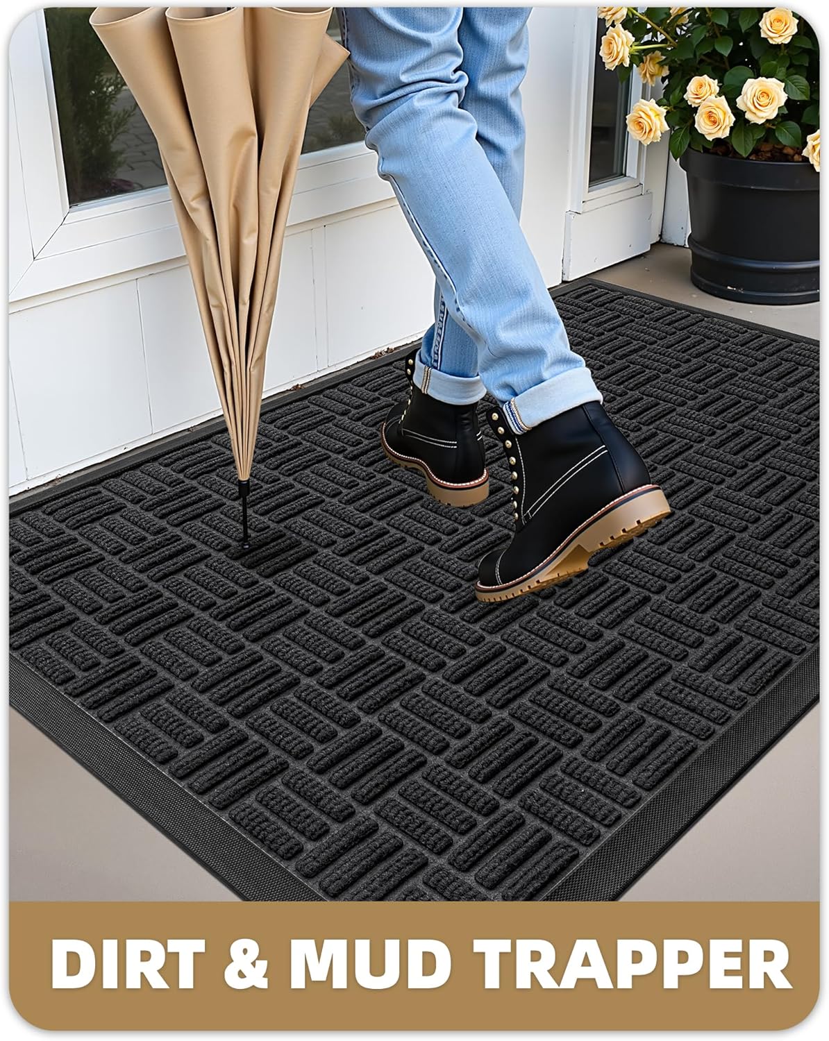 Color&Geometry Front Door Mat Outside Entrance, Heavy Duty Non Slip Low Profile Doormat for Entryway, Trap Dirt and Moisture Welcome Mats All-Weather, Easy Clean, Patio, Garage, 24"x48" Black