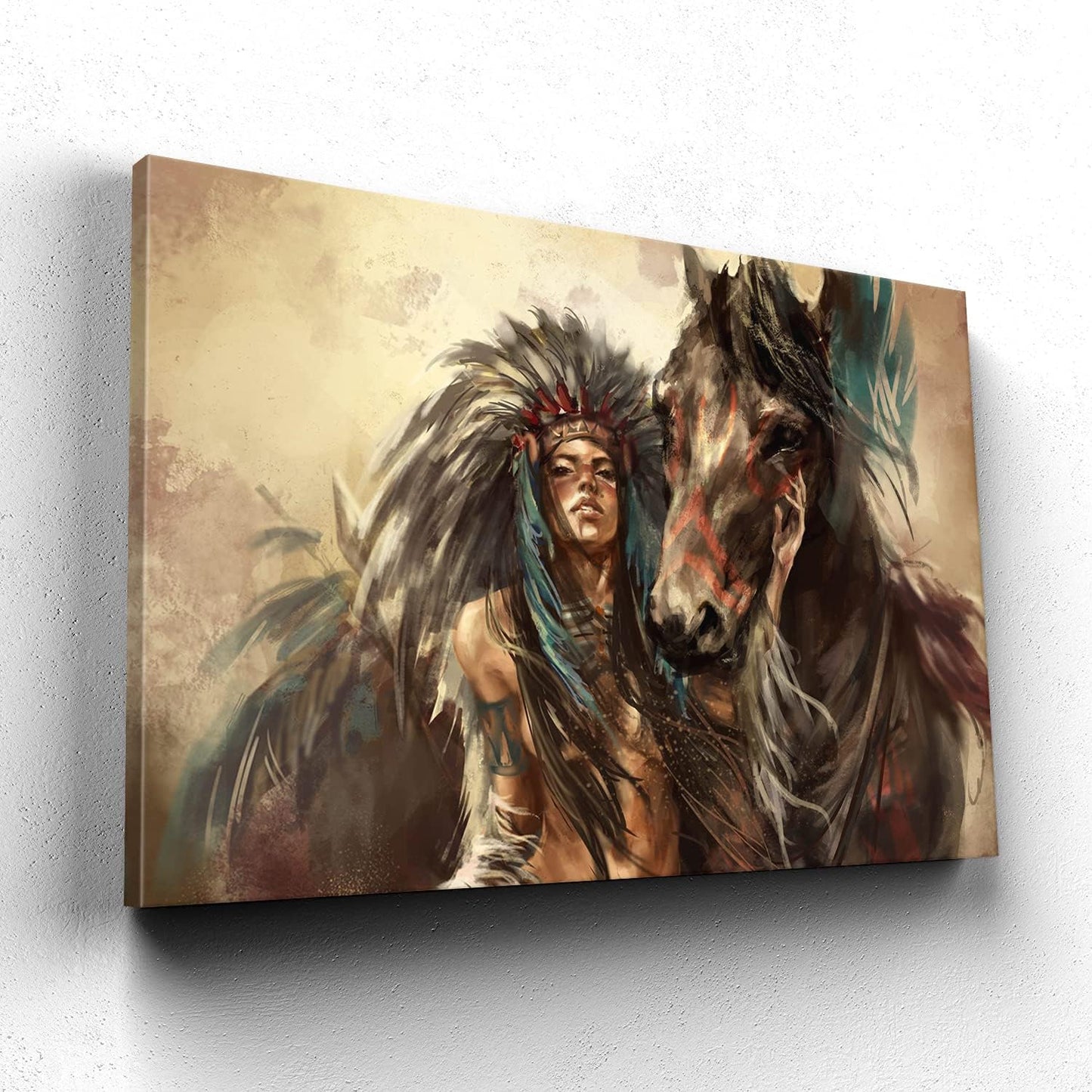 Mistyefly Framed Canvas Wall Art - Indian Girl (16''Hx24''W) - Native American Art - Earthy Tones, Multicolor - Living Room, Bedroom, Office, Hallway