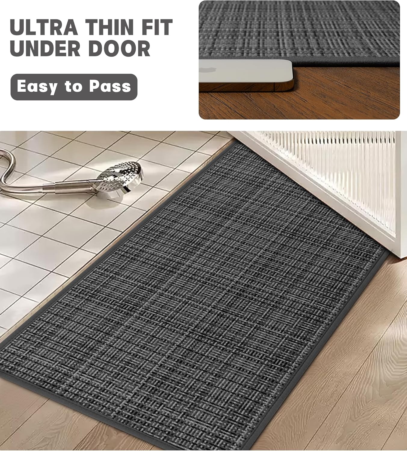 YIHOUSE Bathroom Rugs Sets 5 Pieces, Dark Grey Ultra Thin Bath Mats Fit Under Door, Absorbent Quickly Dry Rubber Backing Braided Bath Mat Set, Non Slip Washable Bath Rugs for Bathroom Floor, Grey