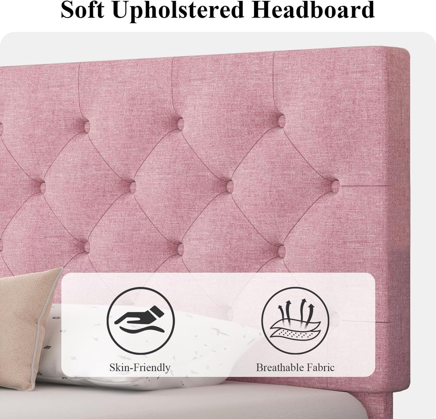 HOMBCK Full Bed Frame with Headboard, Linen Fabric Upholstered Bed Frame Full, Pink Bed Frame with Wood Slats, Button Tufted, No Box Spring Needed, Pink