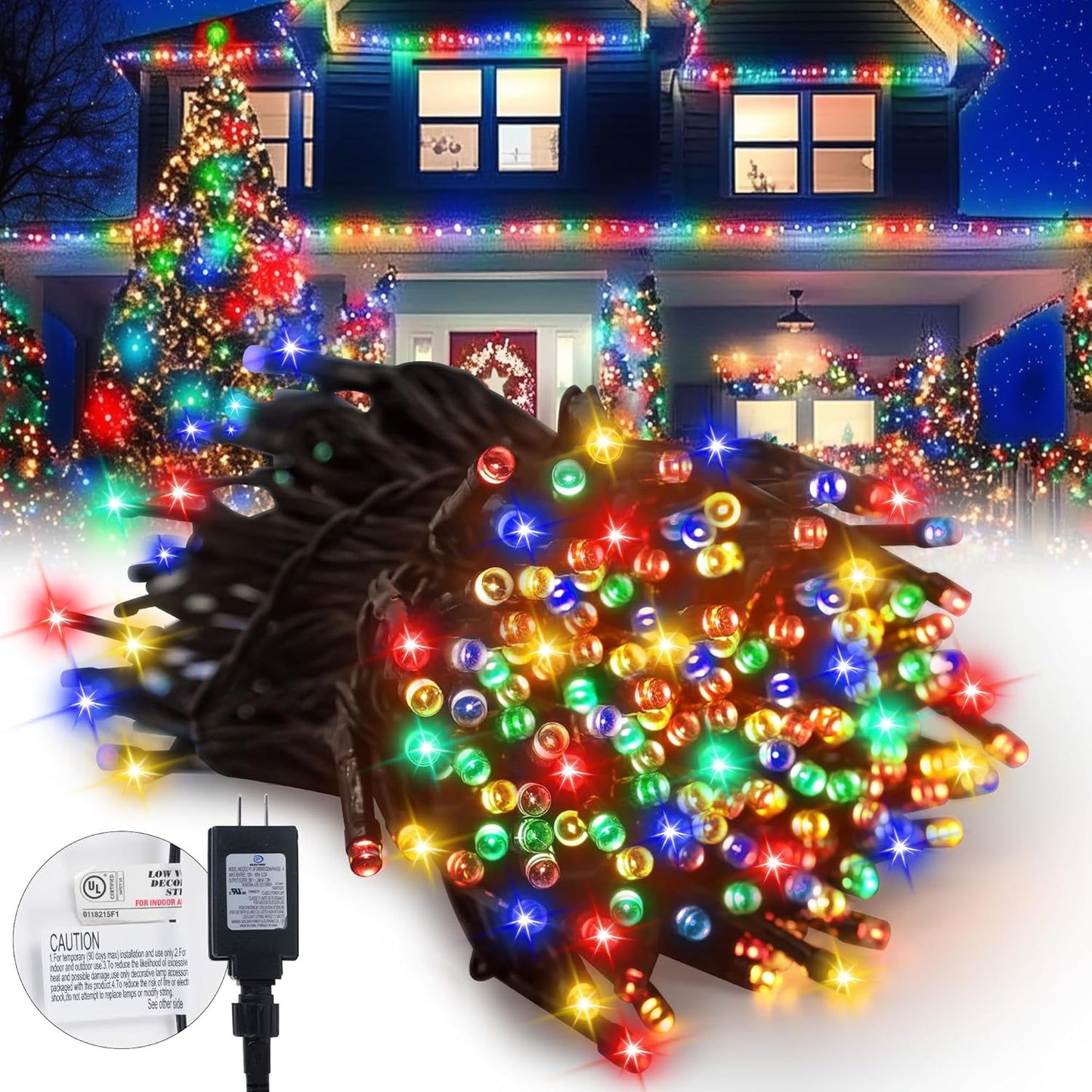 Kwaiffeo Christmas Tree Lights, 100FT 300LED Multi Colored Christmas Lights, 8 Modes Connectable Colored Light for Xmas Tree Halloween Decorations Outdoor Indoor