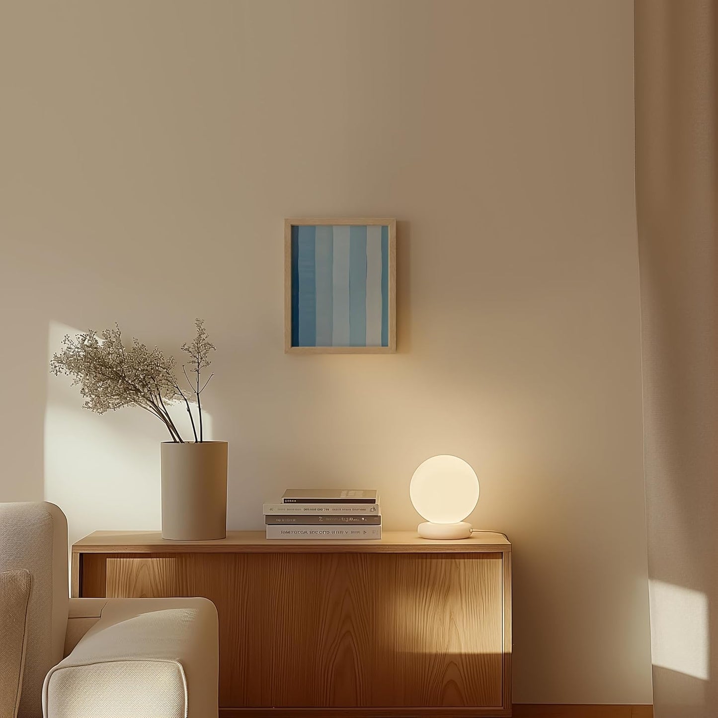 HAUS AND HUES Modern Abstract Wall Art - Blue and Green Living Room Art, Modern Artwork for Walls, Minimalist Picture for Living Room(Painted Stripes, Beige Frame, 8x10)