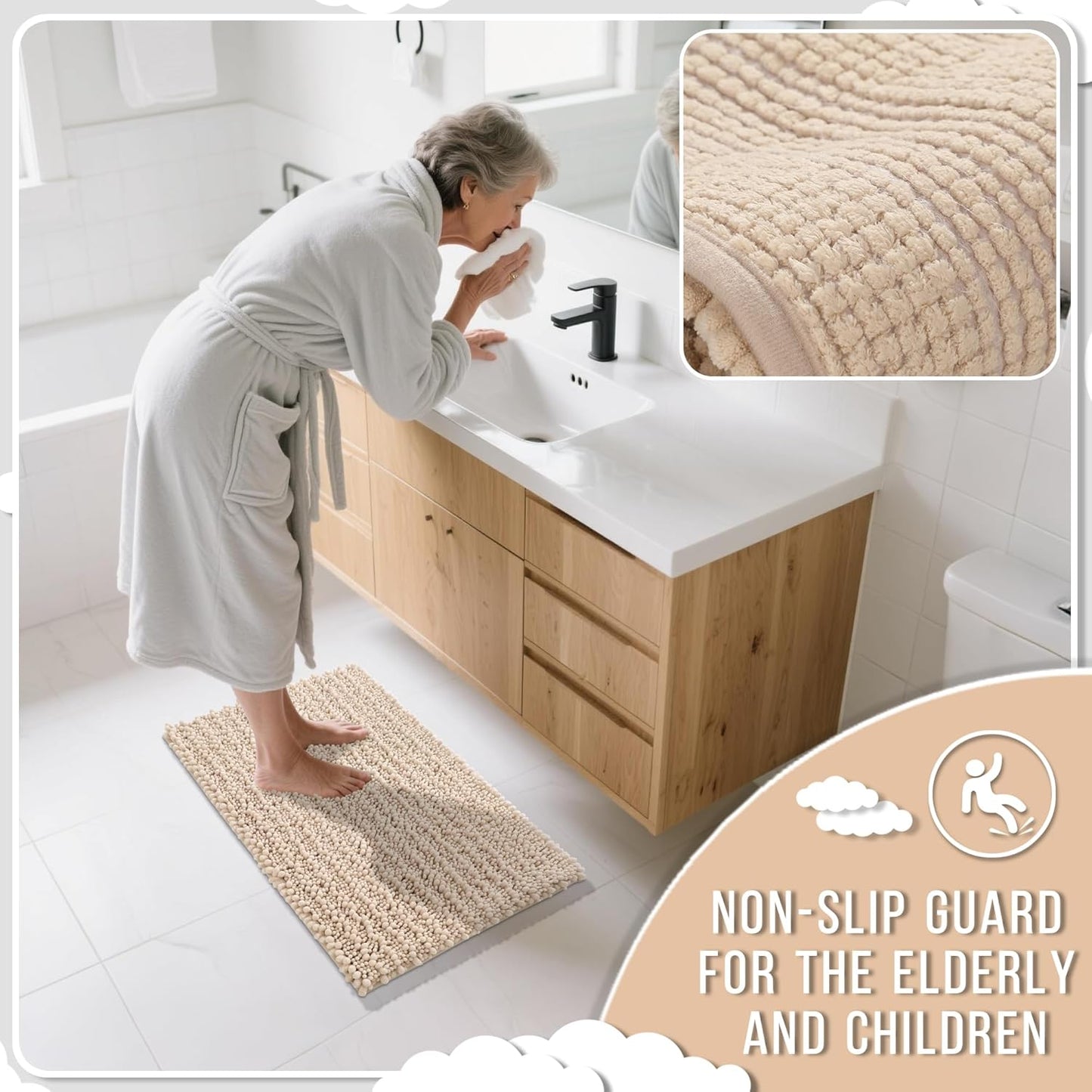 Yimobra Bathroom Rugs Sets 2 Piece - Quick Dry Extra Thick Luxury Chenille Bath Mat, Non Slip Super Absorbent for Tub Shower Sink, Machine Washable Shaggy Floor Mat, 24"x17+24"x20" Inch, Light Brown