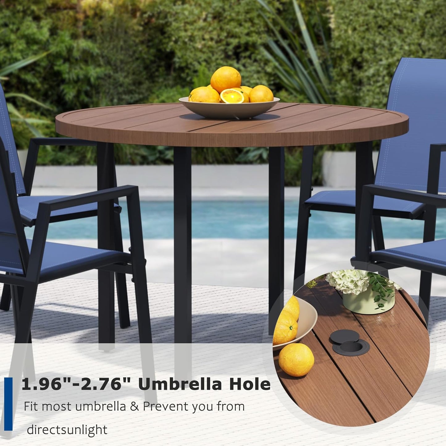 5 Piece Outdoor Dining Set, Patio Table and Chairs Set of 4, 42" Walnut Round Patio Table with 4 Blue Stackable Patio Chairs for Lawn, Garden, Porch