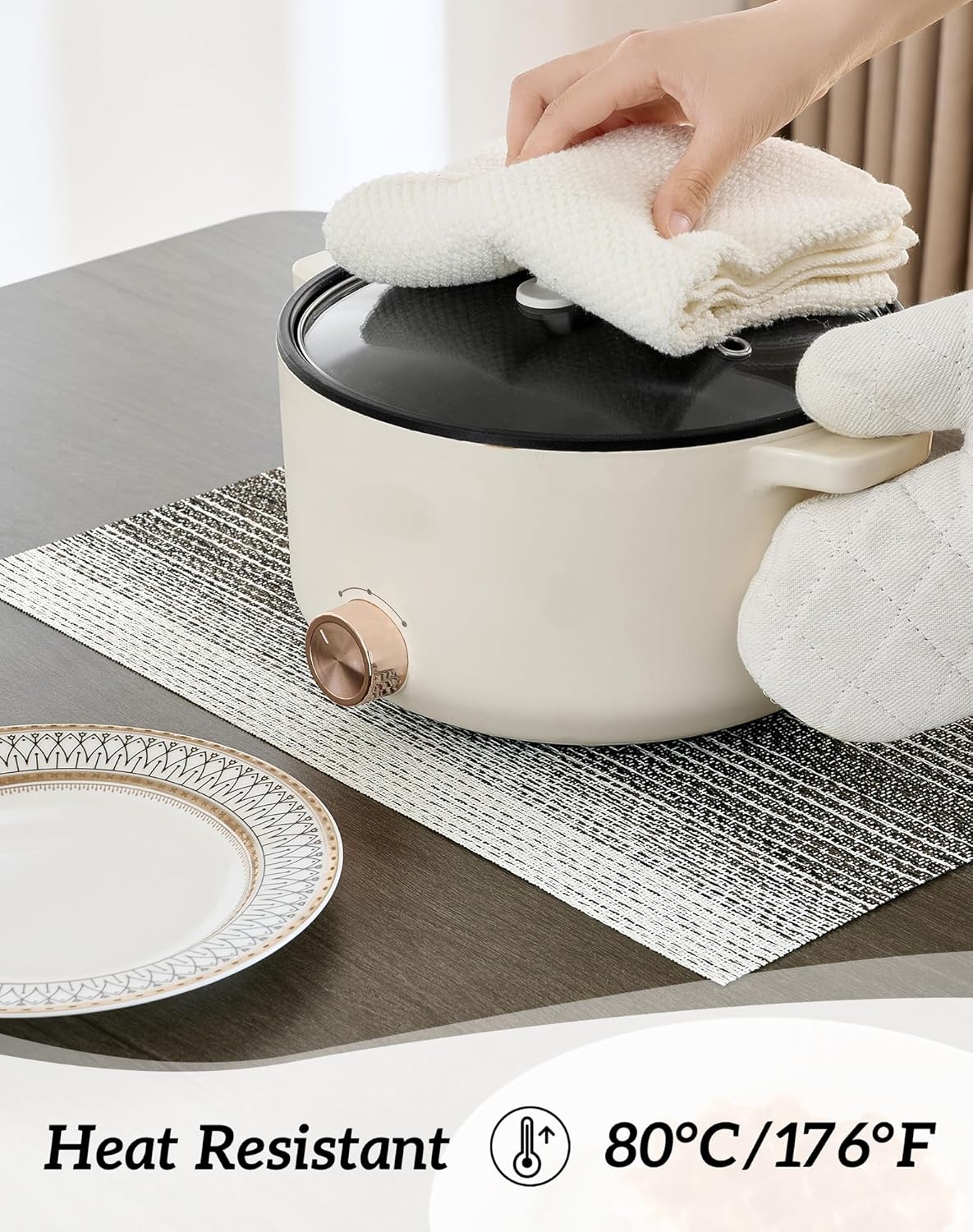 Leetaltree Black with White Woven Placemats Set of 8 - Heat Resistant Non-Slip Place mats for Dining Table, Washable Durable PVC Vinyl Woven Table Mats(Black with White, 8)