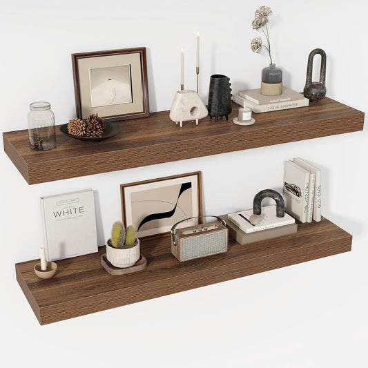 48 Inch Floating Shelves, 12" Deep Floating Shelf Wall Mounted, 48" Wall Shelves, Rustic Deep Bookshelf, Extra Deeper & Thicker Display Shelves for Bedroom, Living Room, Walnut, Set of 2
