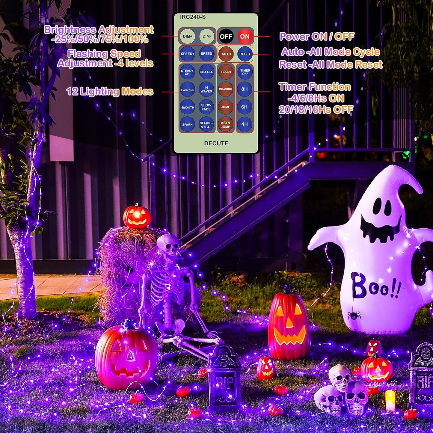 Decute 500LED 164FT Fairy String Lights Halloween Lights Silver Wire with Remote, Firefly Starry Light for DIY Christmas Tree Costume Wedding Party Table Centerpiece Decor Orange Purple