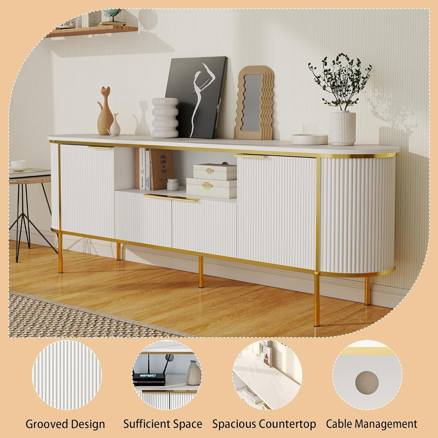 Luxury Fluted TV Stand: 70" White Entertainment Center for 80 inch TVs, TV Consoles for Living Room, Modern Media Console with Faux Marble Top (White, 70 Inch TV Stand)