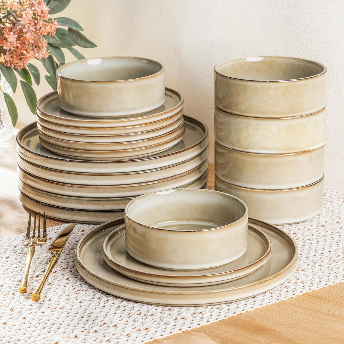 AmorArc Ceramic Dinnerware Sets, Handmade Reactive Glaze Stoneware Plates and Bowls Sets,Highly Chip and Crack Resistant | Dishwasher & Microwave Safe Dishes Set, Service for 6 (18pc)