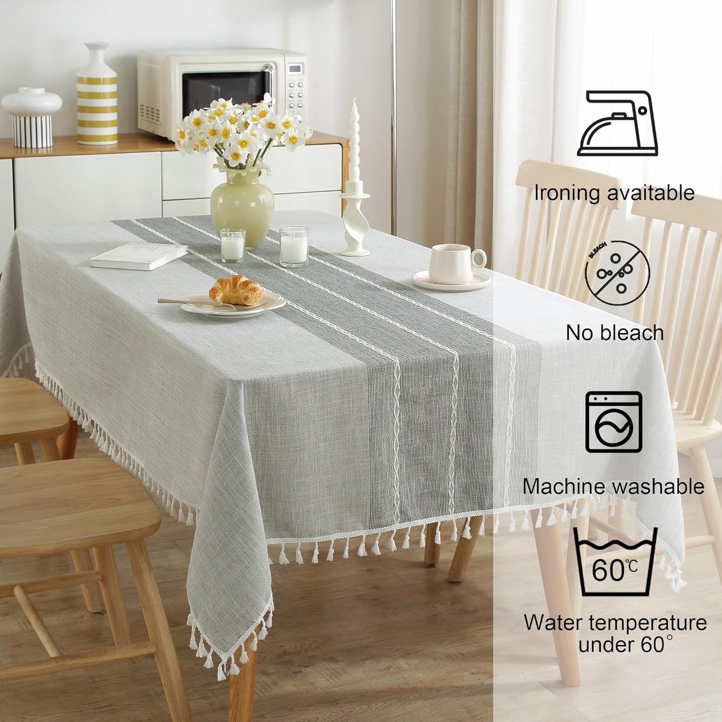 JIALE Tablecloths for Rectangle Tables,Cotton Linen Table Cloth Waterproof Tablecloth Wrinkle Free Farmhouse Dining Tables Cover,Soft Fabric Table Cloths with Tassels,Grey,55" X 102",8-10 Seats