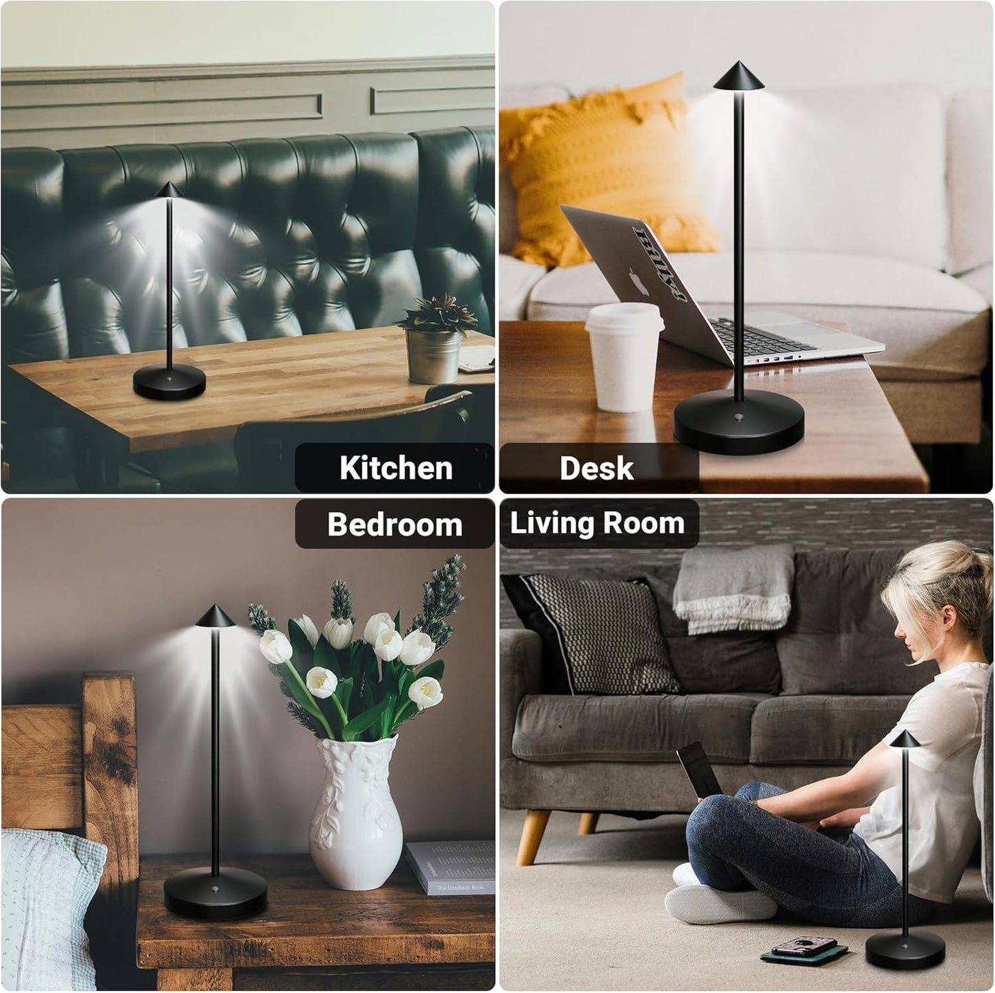 2Pack Cordless Table Lamp, Rechargeable Battery Operated Lamp 4000mAh with 3 Color Light Stepless Dimming Portable LED Desk Touch Table Lamp for Restaurant Nightstand Bedroom Living Room Black