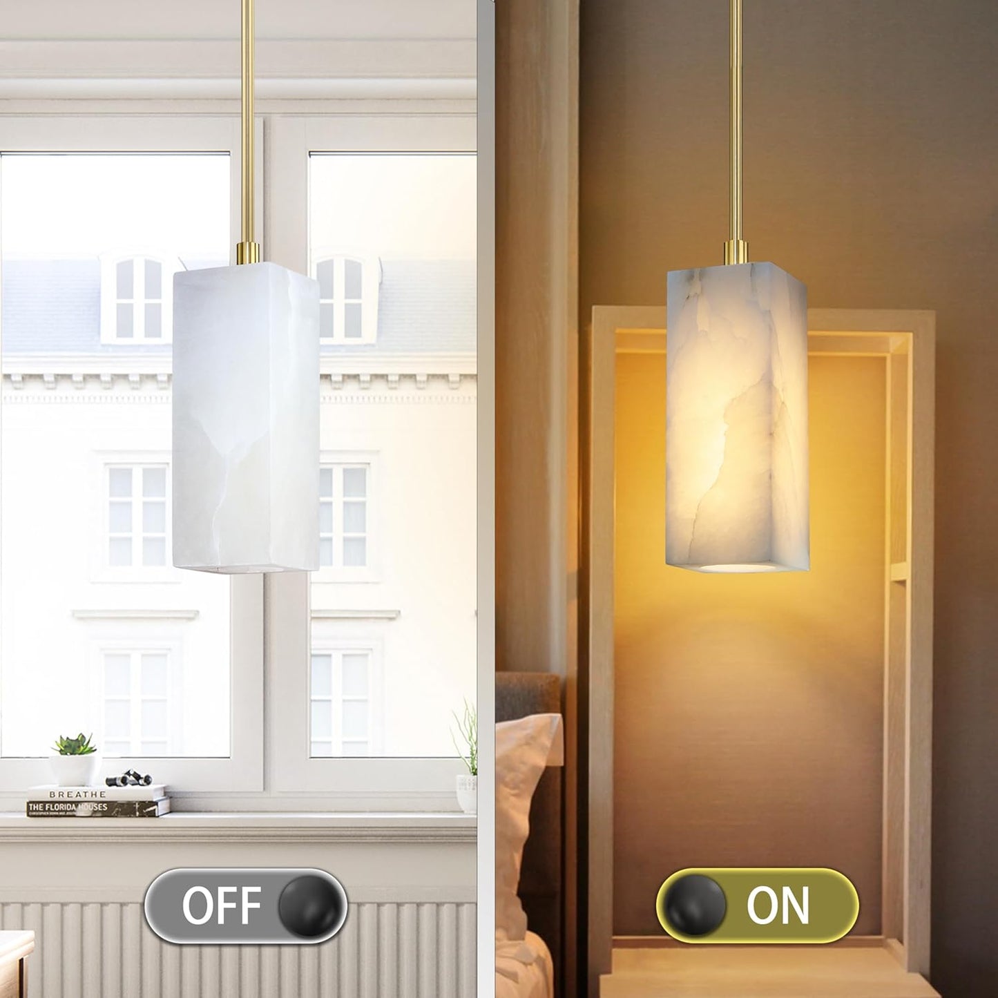 1 Light Modern Industrial Farmhouse Hanging Kitchen Island Pendant Ceiling Light Fixture,Square Natural Alabaster Marble Brushed Bronze Finish Over Sink Restaurant bar Corridor