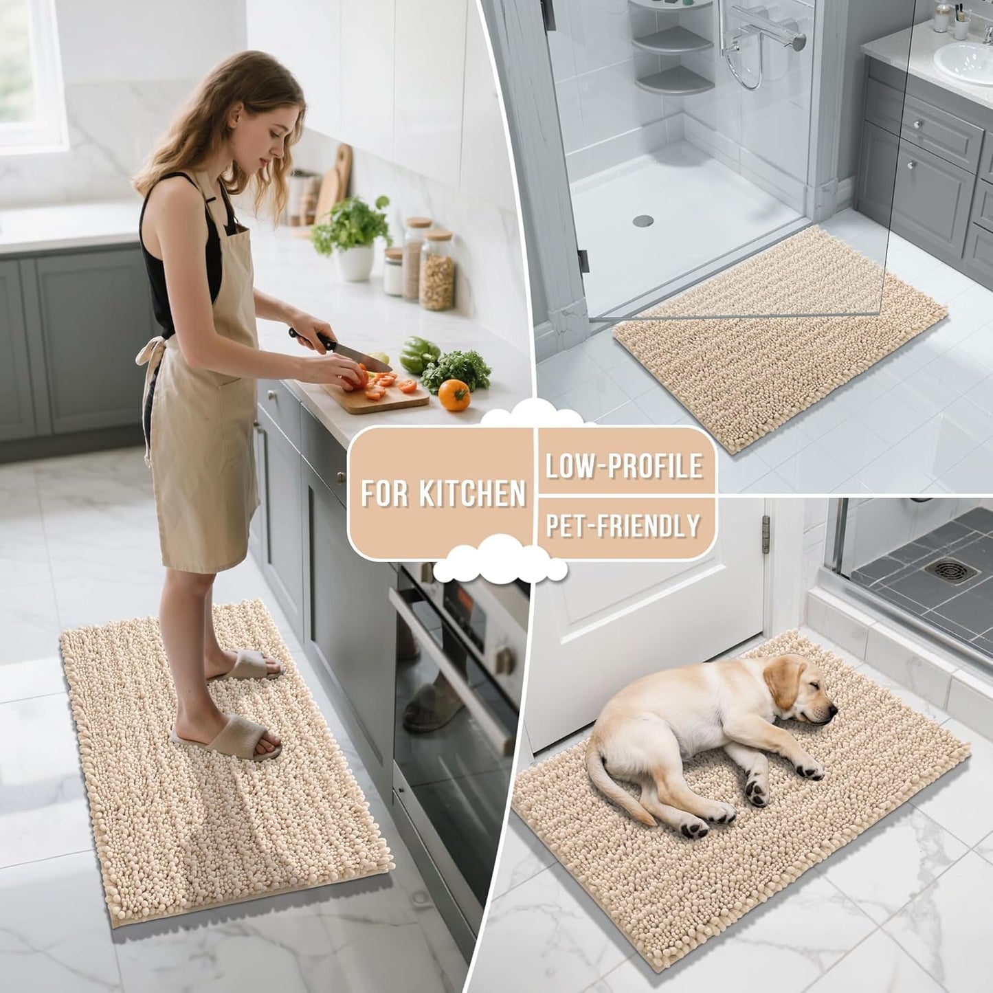 Yimobra Bathroom Rugs Sets 2 Piece - Quick Dry Extra Thick Luxury Chenille Bath Mat, Non Slip Super Absorbent for Tub Shower Sink, Machine Washable Shaggy Floor Mat, 24"x17+24"x20" Inch, Light Brown