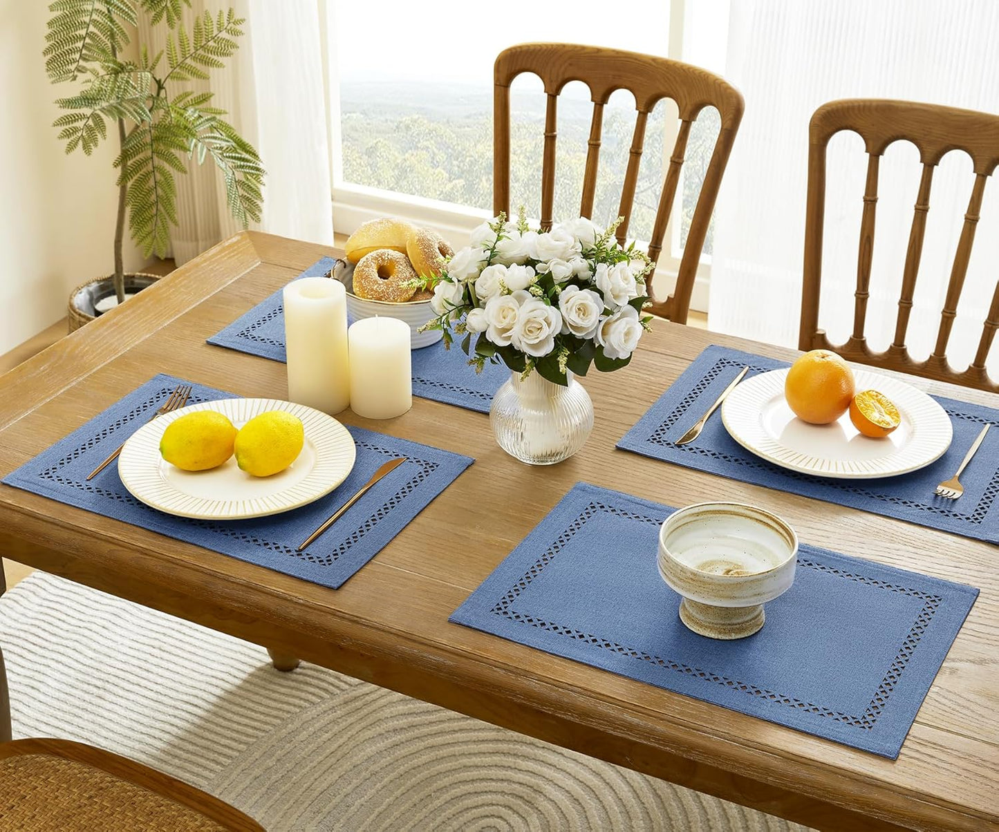 Burlap Placemats Set of 4, 12 x 18 Inch Rustic Geometric Hollow Place Mats, Heat Resistant Placemats for Farmhouse Kitchen Table Decor, Blue 4PCS