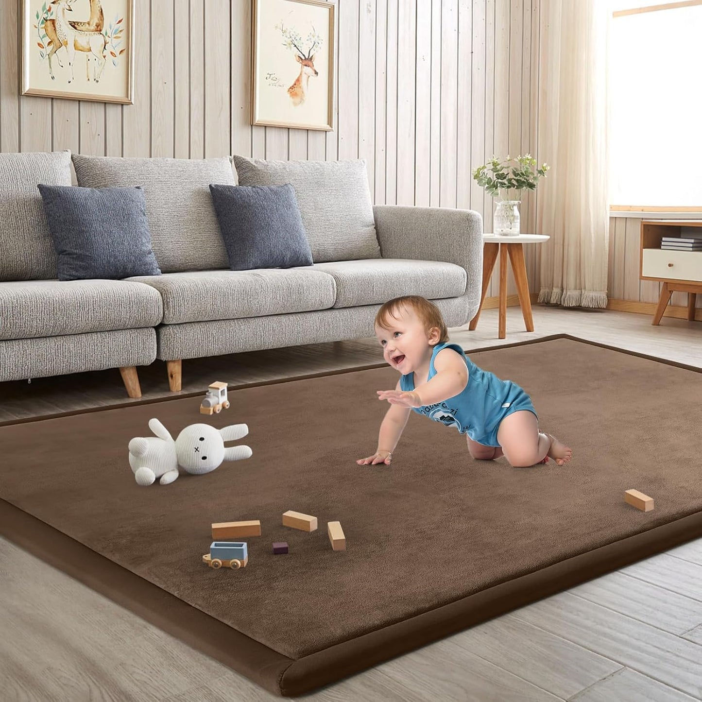 Baby Play Mat for Floor Tummy Time Mat Nursery Rug Muscle Area Rug Playroom Rug Tatami 74 * 50" Memory Foam 1.3" Thick Crawling For Babies,Toddlers, Infants, Kids,Floor,Coffee