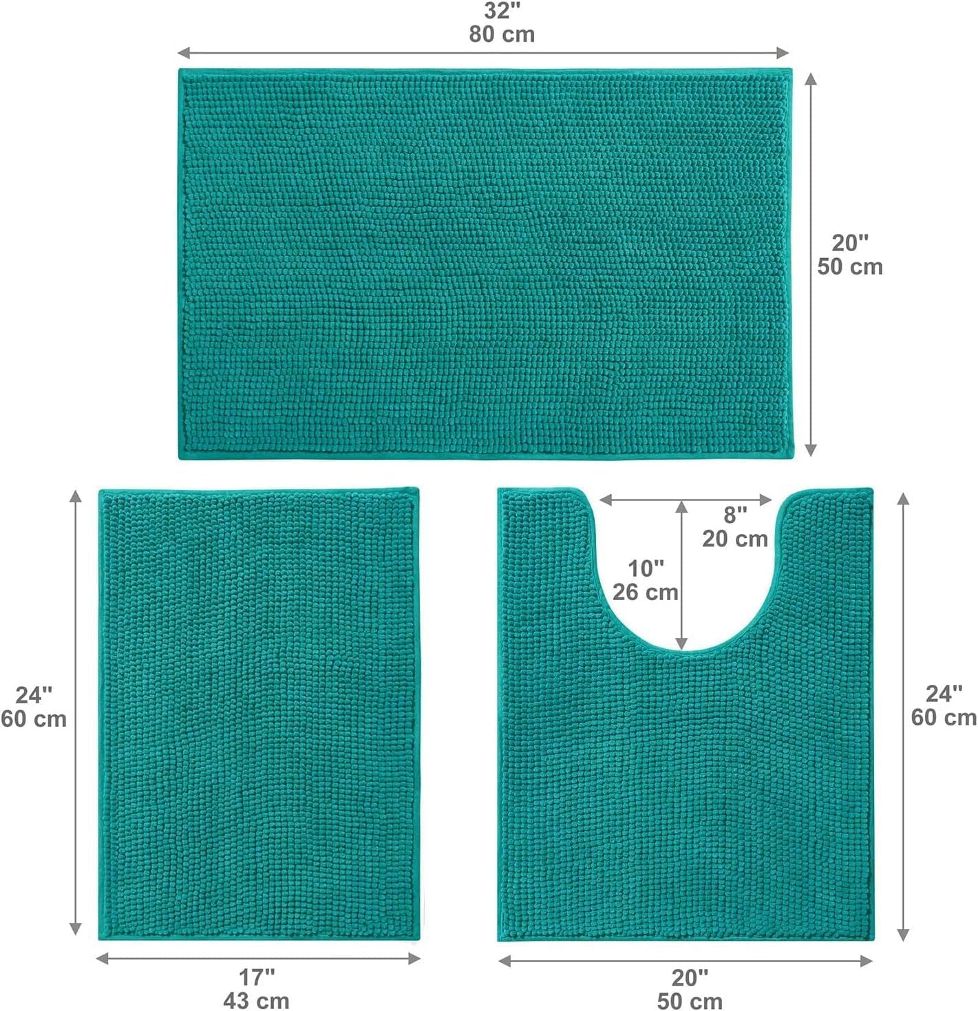 Urvoix 3 Pieces Bathroom Rugs Set, Non-Slip Chenille Bath Rug, Ultra Soft and Super Absorbent Bath Mat for Bathroom, Toilet and Tub (Teal Green)