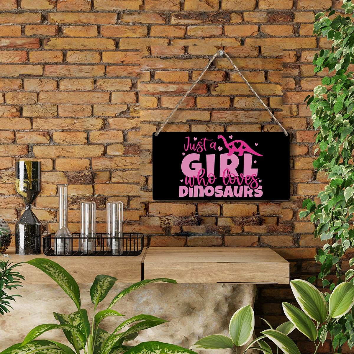 Funny Just a Girl Who Loves Dinosaurs Wood Sign Rustic Dinosaurs Lovers Pink Wooden Hanging Plaque for Home Living Room Girl Bedroom Wall Art Decoration 6 x 12 Inches Present