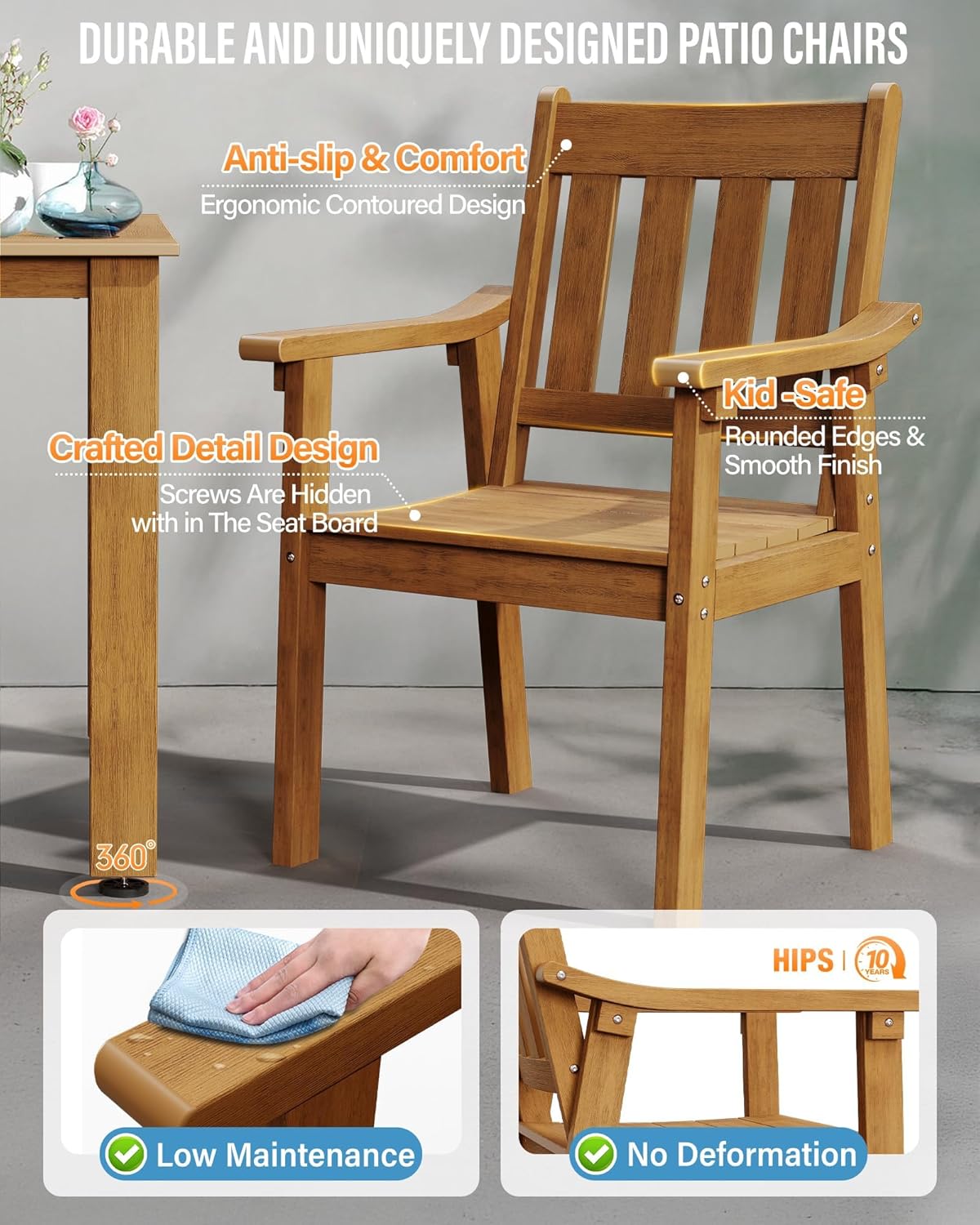 YEFU Patio Dining Chairs Set of 4: All Weather Outdoor Dining Chairs with Wide Curved Seat and Backrest - Outdoor Furniture Plastic for Outside Backyard/Garden/Porch/Deck 350lbs Capacity Teak