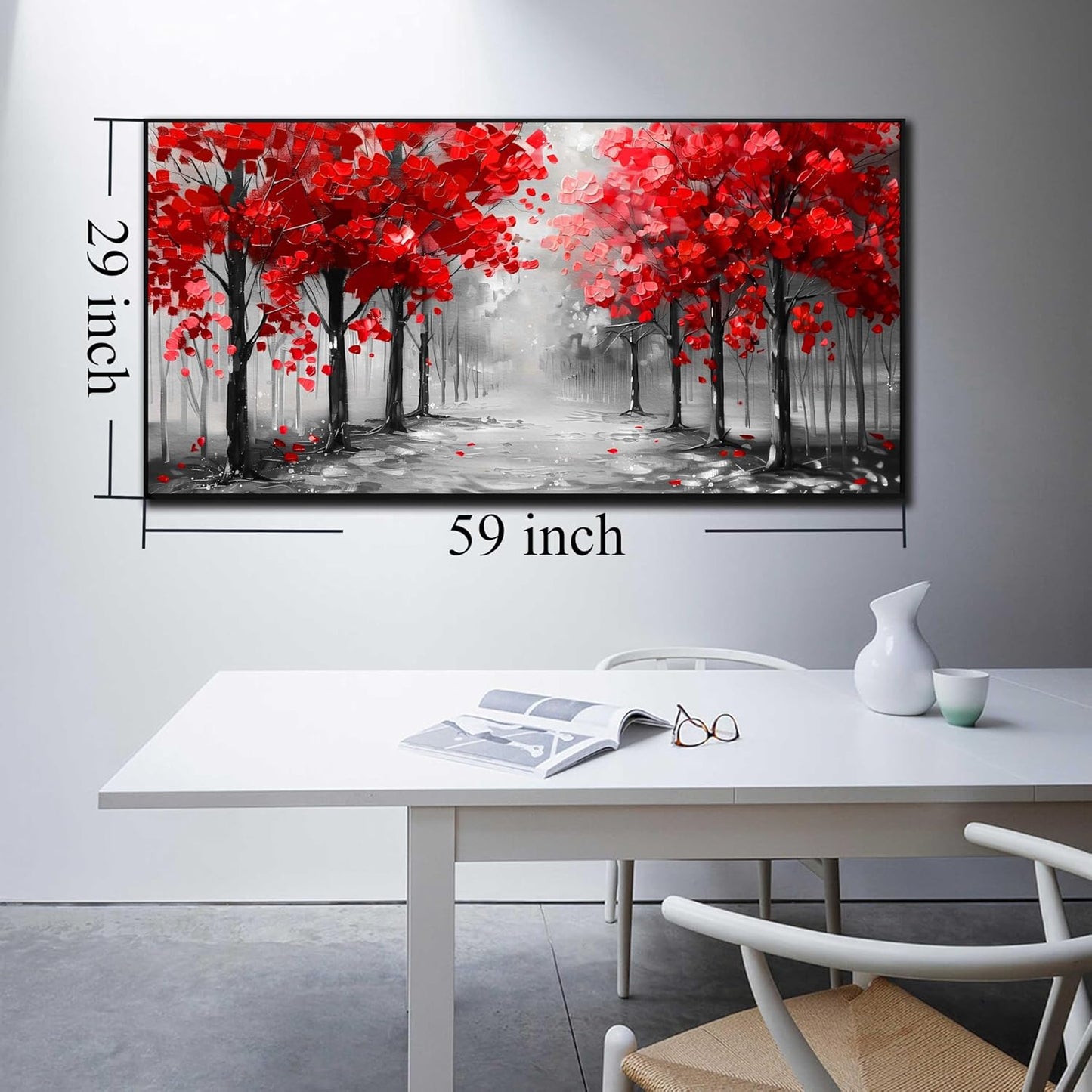 Tree Wall Art for Living Room, Black White and Red Forest Canvas Wall-Decor for Bedroom, Large Size 29x59 Inches Framed