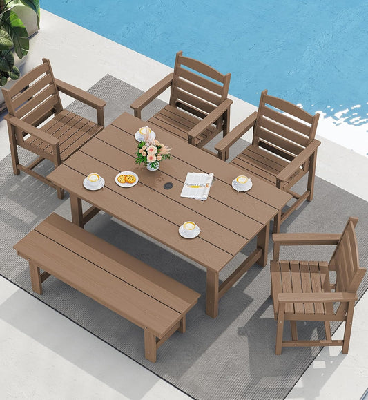 SERWALL Outdoor Dining Set for 6, HDPE Furniture with Umbrella Hole & Bench & Chairs, All Weather, Brown
