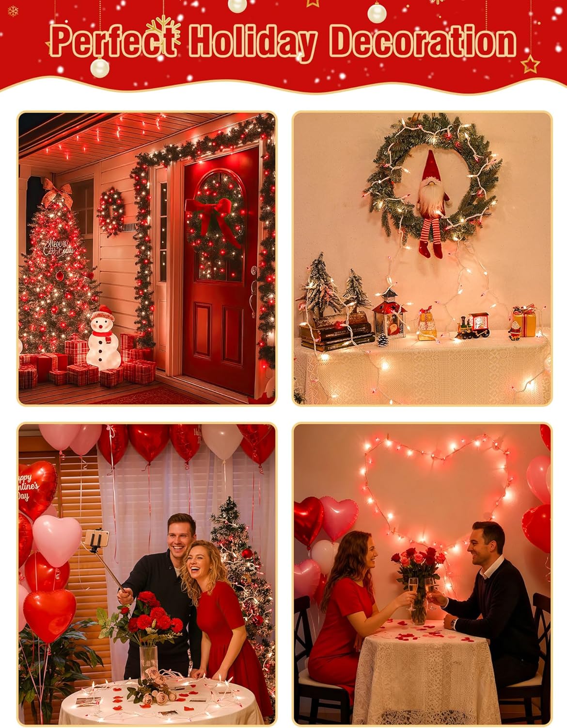 Hopolon Red and Clear Christmas Lights, 2 Pack 13 FT 50 Count Mini String Light Set, White Wire Incandescent Fairy Lights Plug in Connectable for Indoor Outdoor Wedding Birthday Valentine’s Day Decor