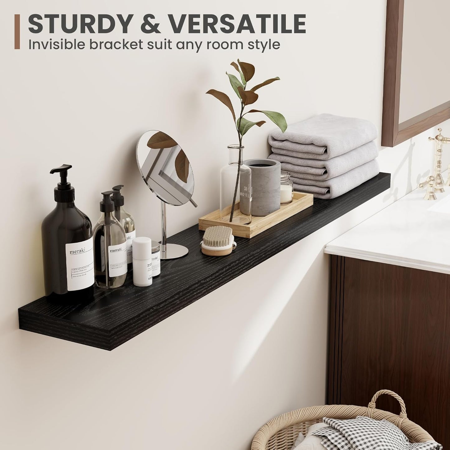 16 Inch Floating Shelves, 8 Inch Deep Floating Shelves for Wall, Hanging Shelf with Invisible Brackets, Deep Shelves for Bathroom, Bedroom, Living Room, Black, Set of 2