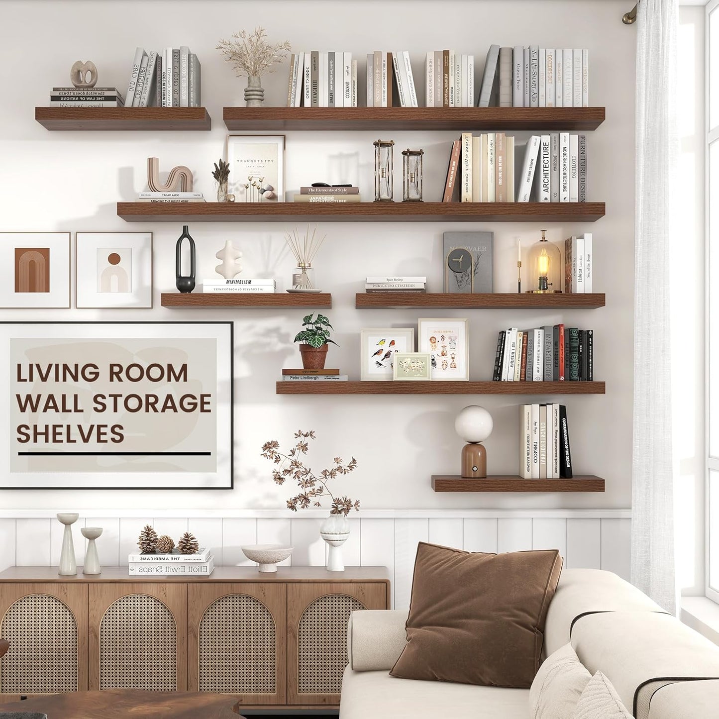 Floating Shelves - 2 Large Wall Mounted Shelves with Invisible Brackets, Long Wood Floating Wall Shelf for Living Room, Bedroom, Kitchen (Walnut, 24" W x 9" D x 1.5" H)
