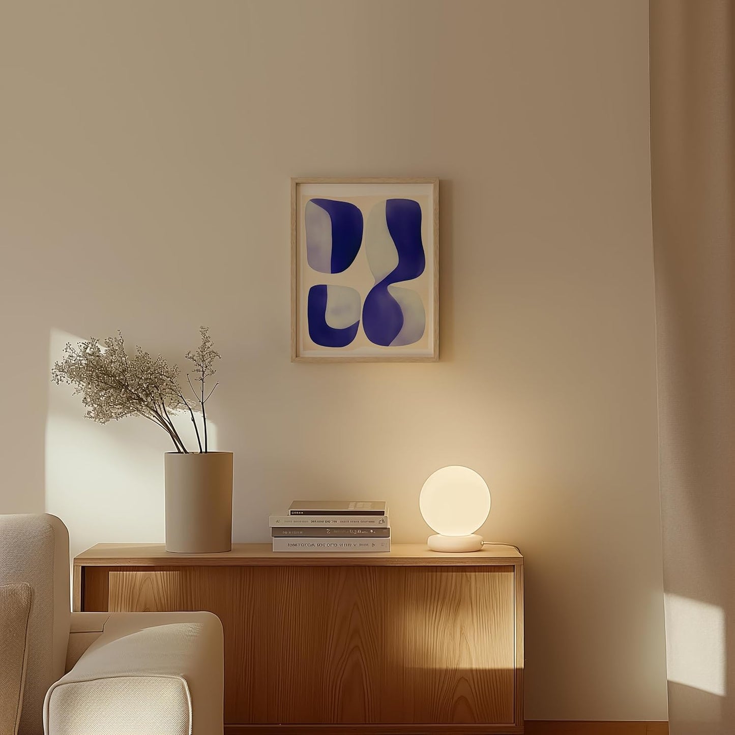 HAUS AND HUES Modern Abstract Wall Art - Blue and Green Living Room Art, Modern Artwork for Walls, Minimalist Picture for Living Room(Blue Tribal Shapes 2, Beige Frame, 11x14)