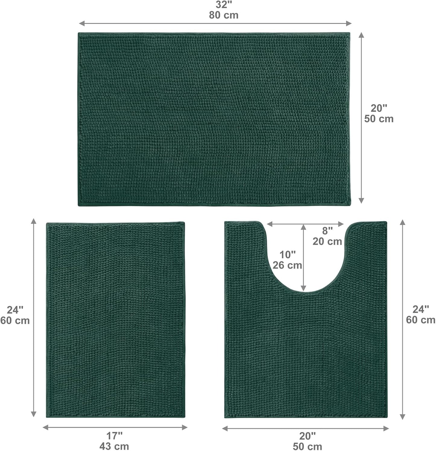 Urvoix Bathroom Rugs Sets 3 Piece, Non-Slip Chenille Bath Rug - Ultra Soft, Washable, Super Absorbent Bath Mat for Bathroom, Toilet and Tub (Dark Green)