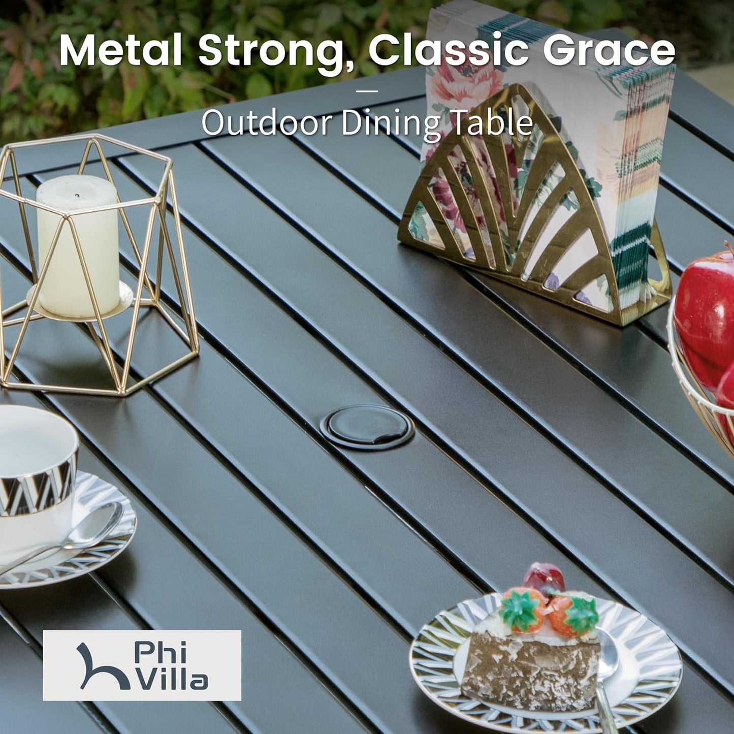 PHI VILLA 5 Piece Outdoor Dining Set with Cushion, 37” Square Metal Dining Table with Umbrella Hole & 4 Cushioned Steel Chairs for Patio, Deck, Yard