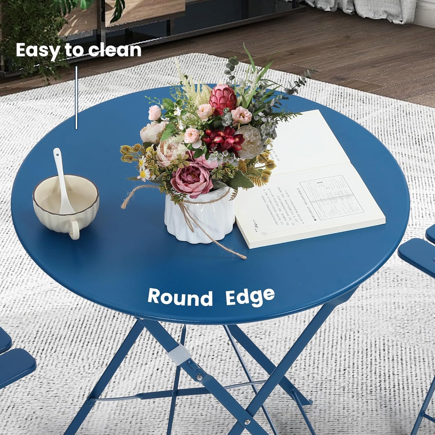 Kromax Outdoor 3 Piece Patio Bistro Set, Folding Bistro Table and 2 Folding Chairs, Patio Conversation Furniture Set, Space Saving, Blue